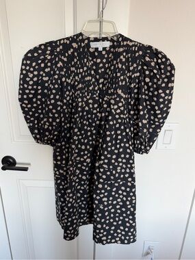 Hunter Bell Jenkins Black Puff-Sleeve Dress with Beige Spot Print